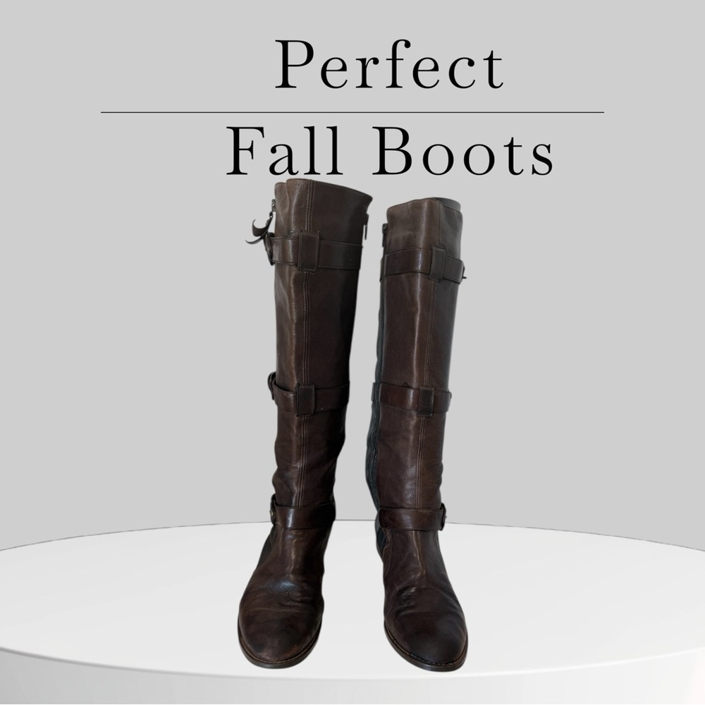 Stuart Weitzman Strapmein Brown Leather Knee High Buckle Zip Boots Women’s 9M